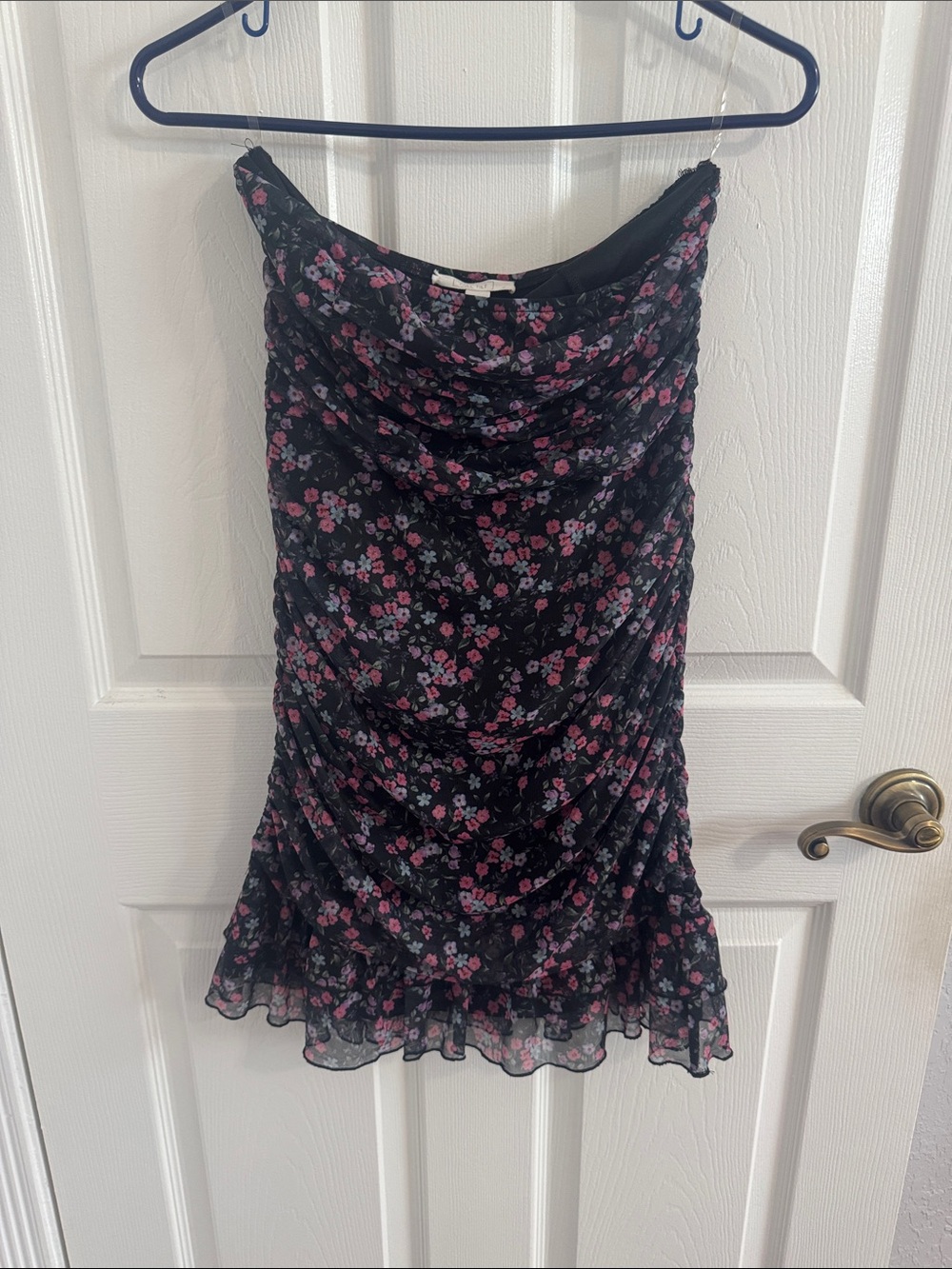 Full Tilt Black Strapless Floral Mini Dress with Pink & Lavender Flowers